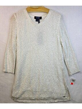 FDJ Sequined Metallic Knit Tunic L Ivory Sparkle Festival Y2k Gala Glam Evening